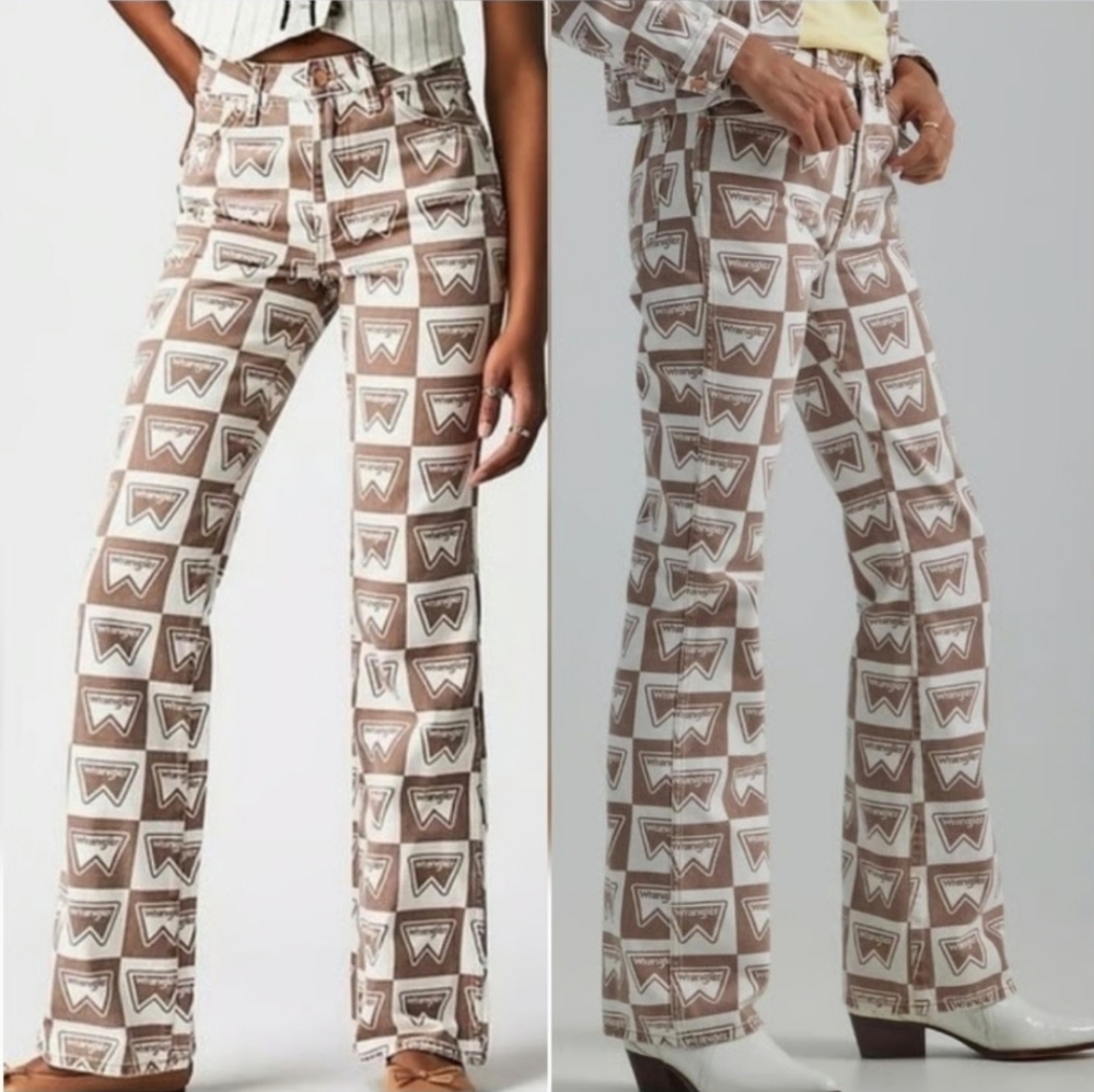 Wrangler Brown & White Boot Cut Jeans with Western Logo Print